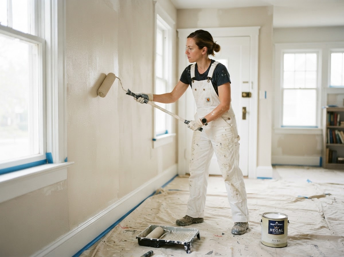 Painter rolling paint onto an interior wall with taped trim and drop cloths