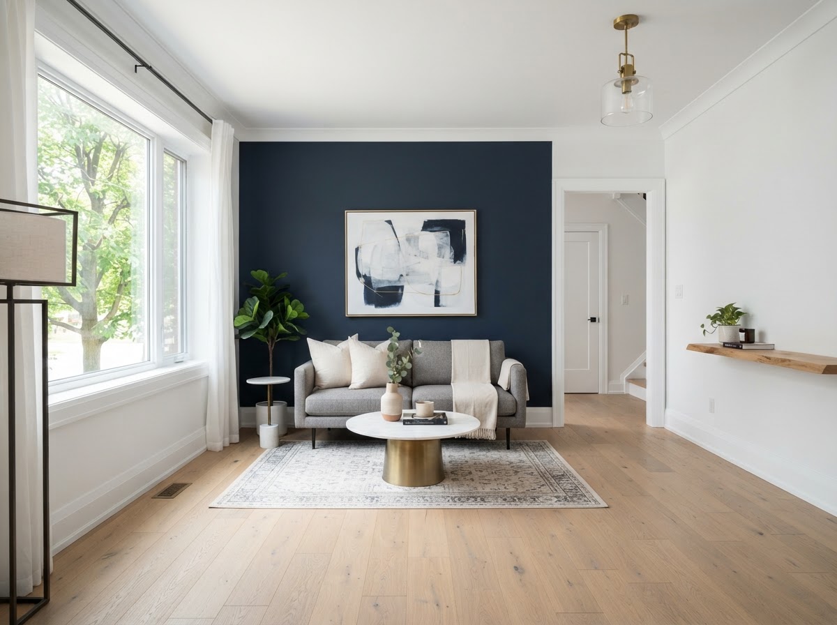 Freshly painted living room with white walls and a navy accent wall