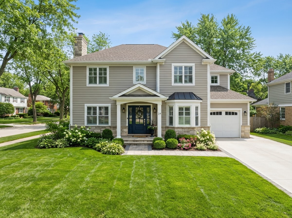 Repainted house exterior with gray siding, white trim and a navy front door